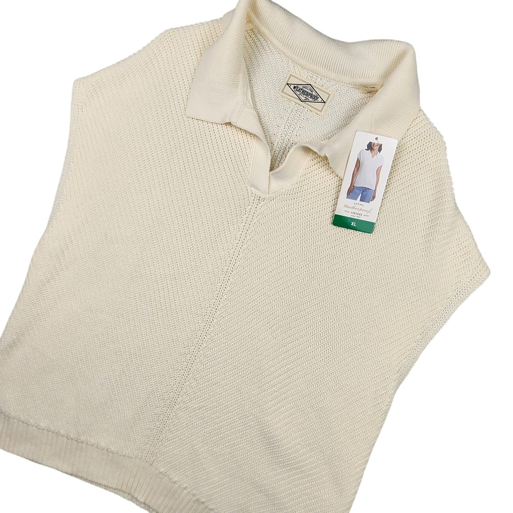 Weatherproof Vintage Sweater Vest Womens XL Cream Cotton Knit Polo Neck Preppy